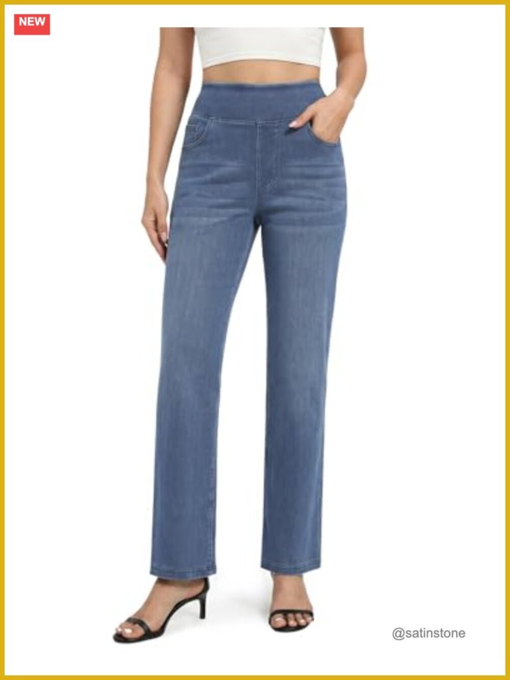 Pull On Straight Leg Jeans Stretchy Sweatpant Jeans Elastic High Waist Tummy